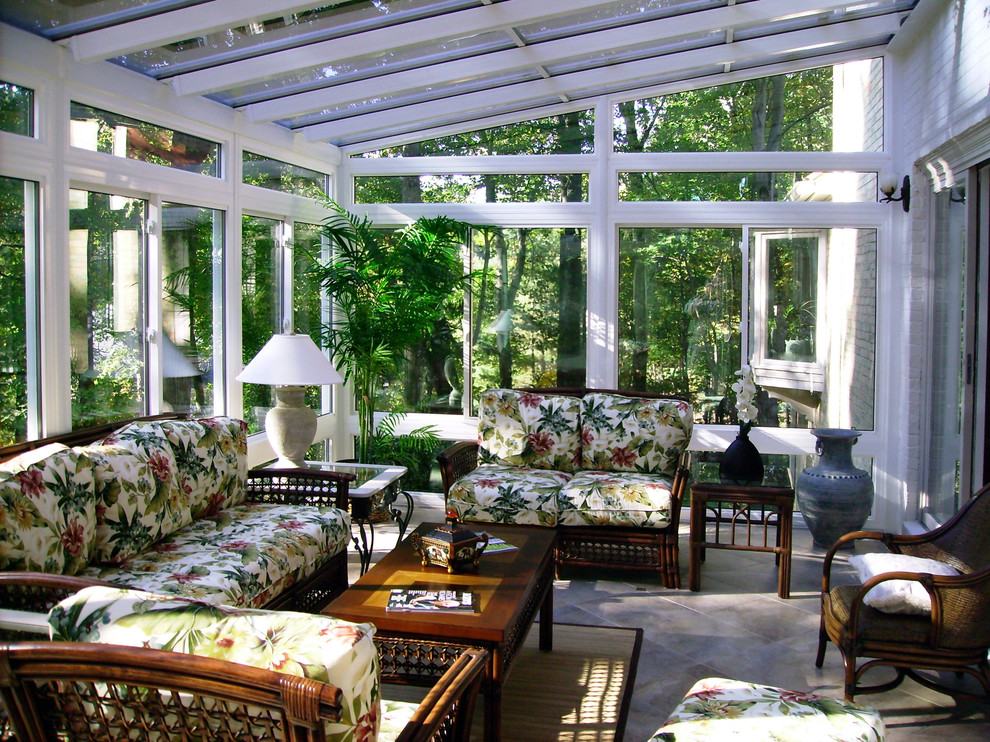 Photo of a medium sized world-inspired conservatory in DC Metro with ceramic flooring, no fireplace and a glass ceiling.