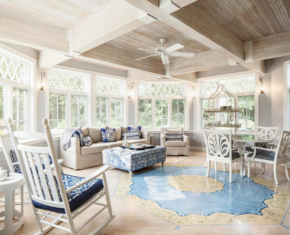 Inspiration for a large country conservatory in Boston with light hardwood flooring, no fireplace and a standard ceiling.