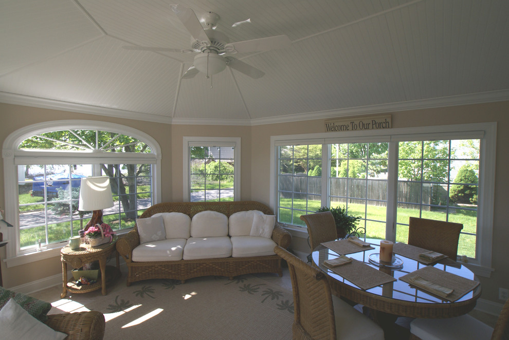 Medium sized coastal conservatory in New York with no fireplace, a standard ceiling and ceramic flooring.