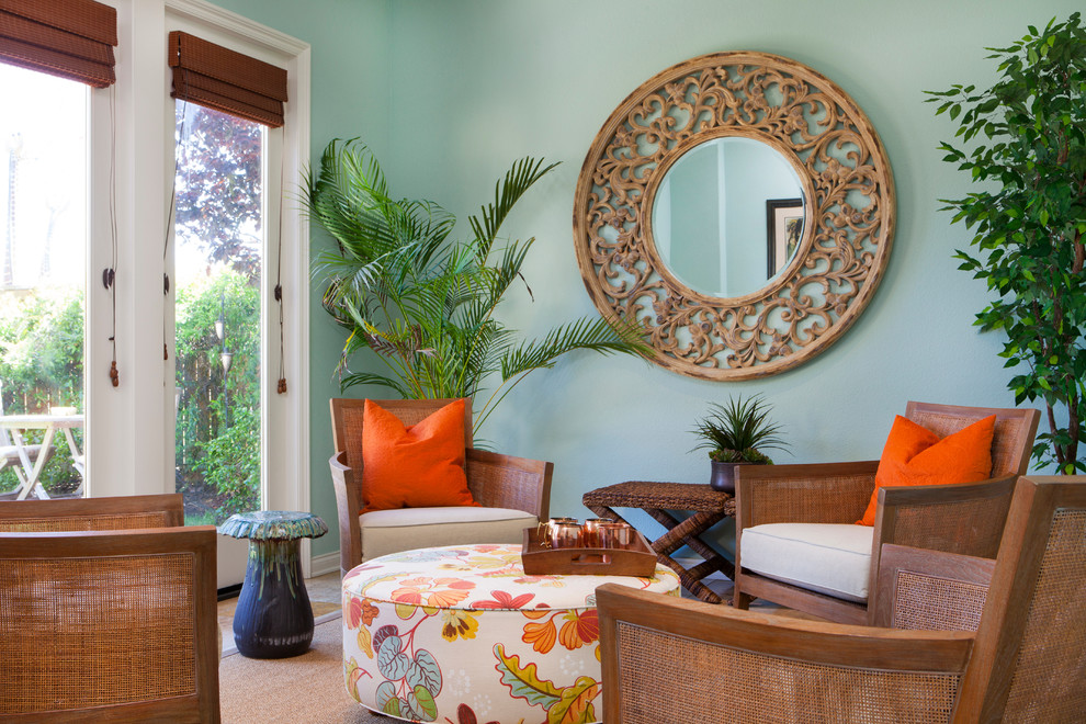 Photo of a medium sized world-inspired conservatory in San Diego with no fireplace, travertine flooring and a standard ceiling.