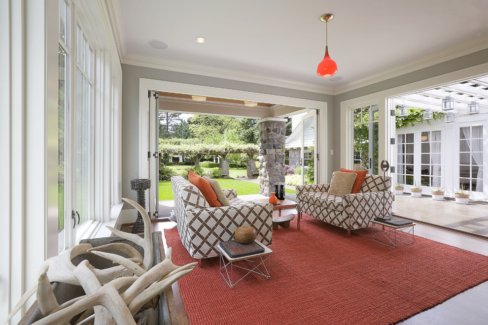 Inspiration for a timeless gray floor sunroom remodel in Portland with a standard ceiling