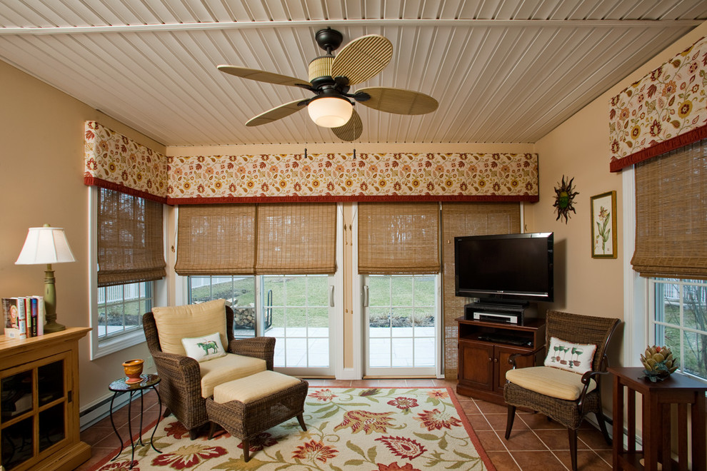Mid-sized eclectic terra-cotta tile sunroom photo in Philadelphia with a wood stove