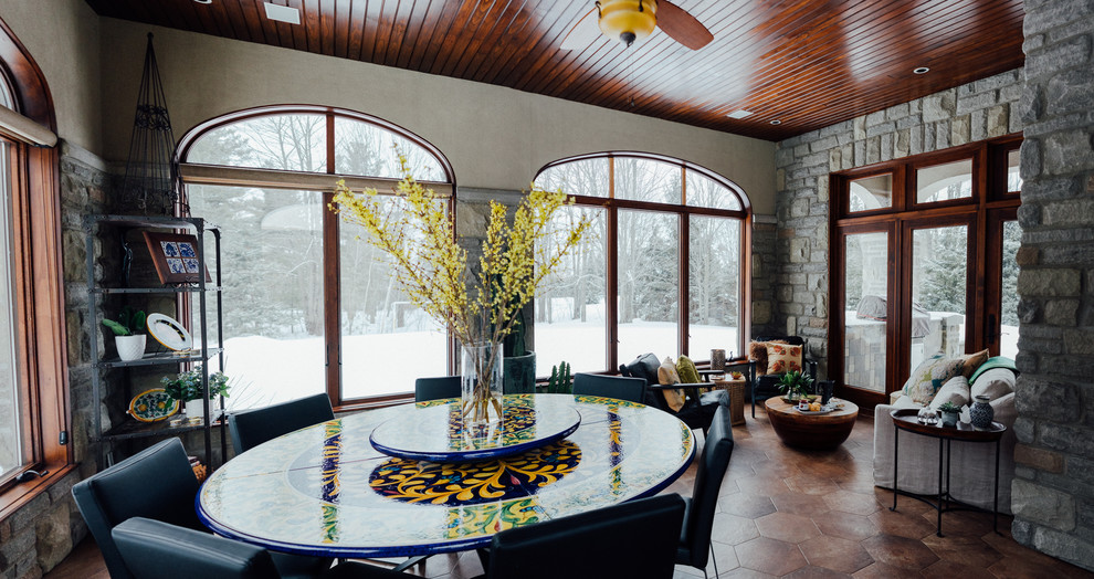 Inspiration for a large eclectic terra-cotta tile and brown floor sunroom remodel in Ottawa with a standard ceiling and no fireplace