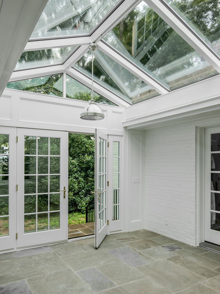 Inspiration for a small timeless ceramic tile sunroom remodel in Nashville with no fireplace and a glass ceiling