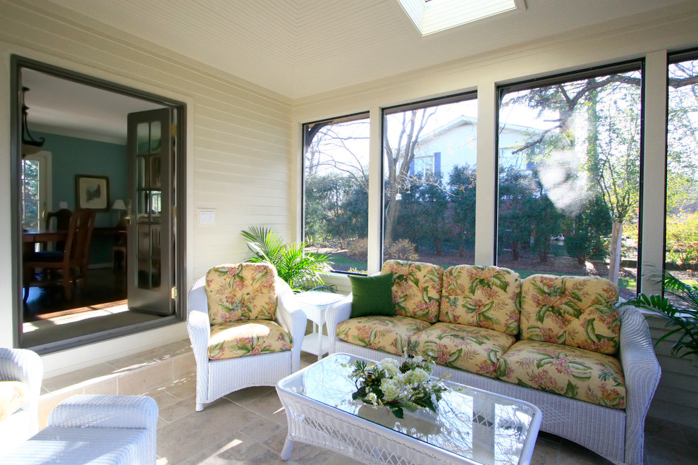 Inspiration for a medium sized traditional conservatory in Chicago with porcelain flooring, no fireplace and a skylight.