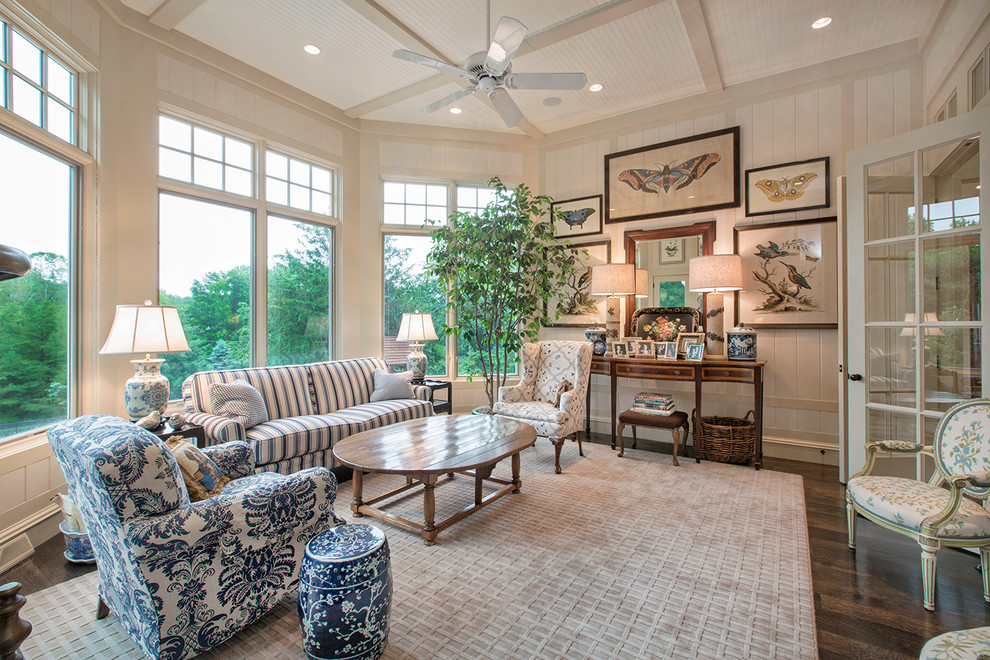 Inspiration for a timeless dark wood floor sunroom remodel in Omaha with a standard ceiling