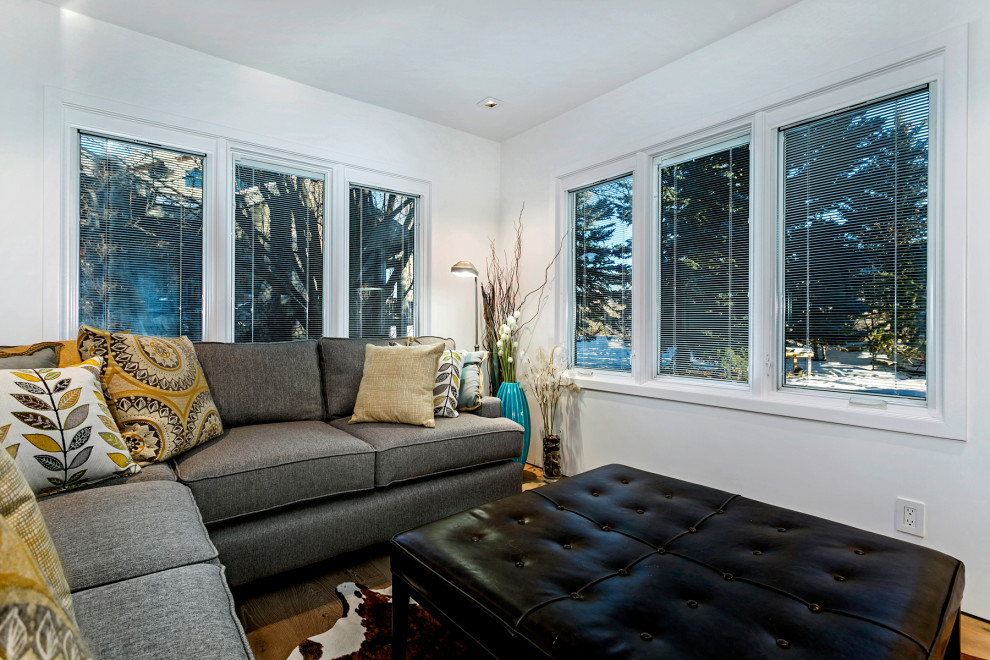 Idee per una grande veranda minimalista con parquet chiaro e pavimento marrone