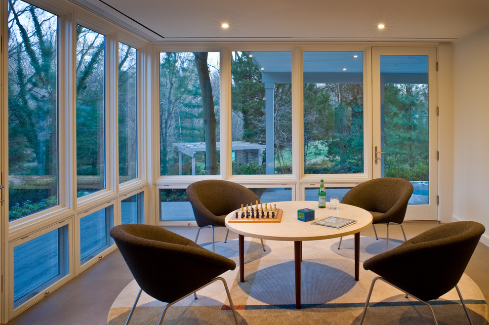 Design ideas for a medium sized contemporary conservatory in DC Metro with porcelain flooring and a standard ceiling.