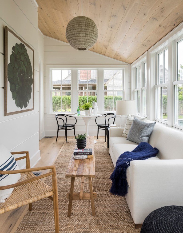 Mid-sized beach style light wood floor and beige floor sunroom photo in Providence with a standard ceiling and no fireplace