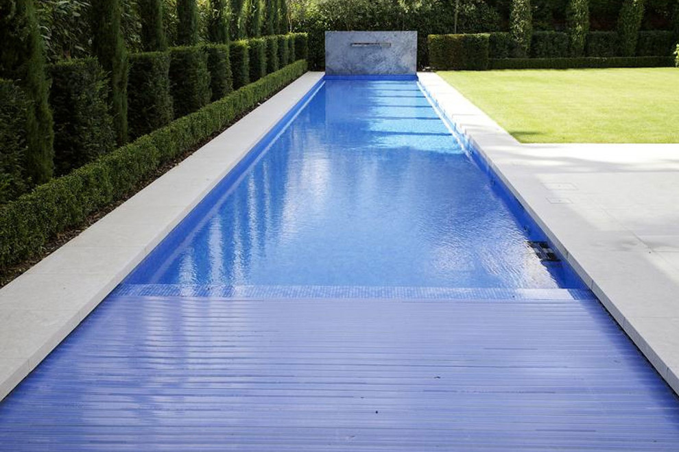 Ejemplo de piscina contemporánea rectangular en patio trasero con suelo de baldosas