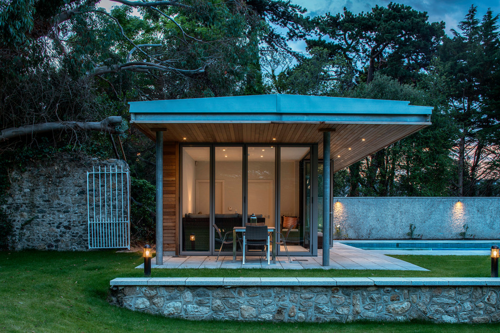 Pool house - mid-sized contemporary backyard rectangular pool house idea in Dublin