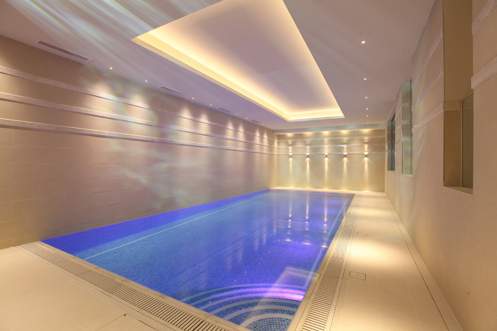 Inspiration for a large contemporary indoor rectangular swimming pool in London.