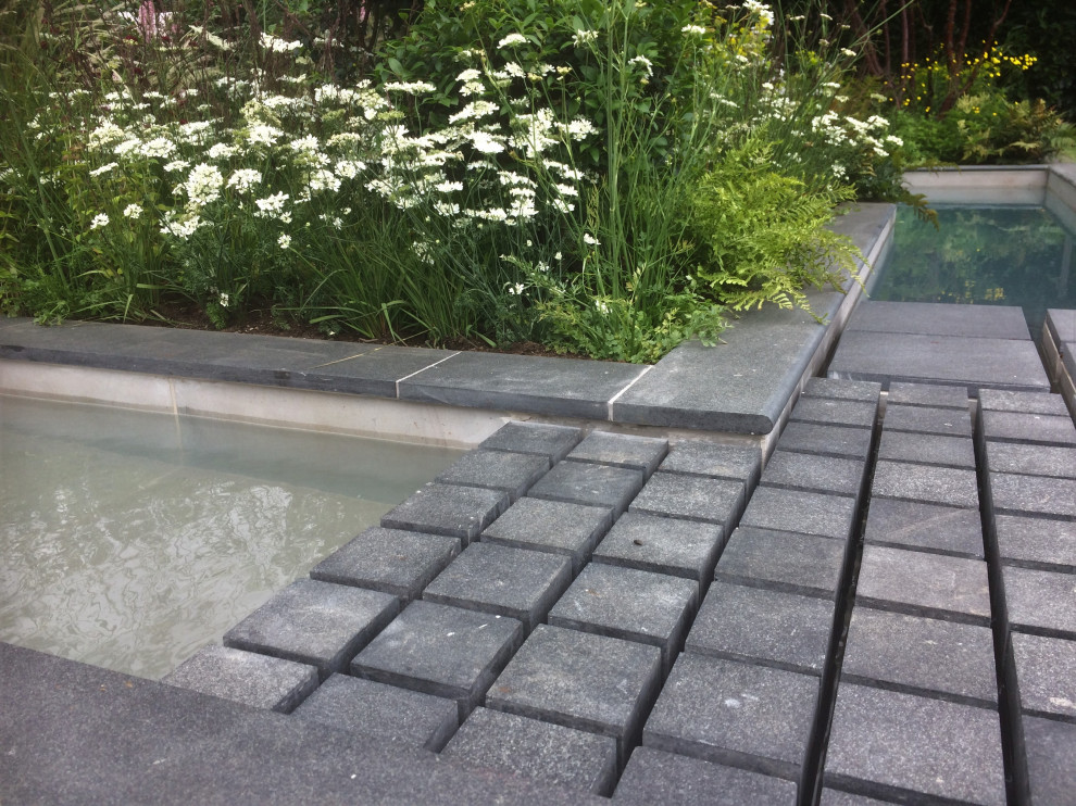 Ispirazione per una piscina design dietro casa con pavimentazioni in pietra naturale