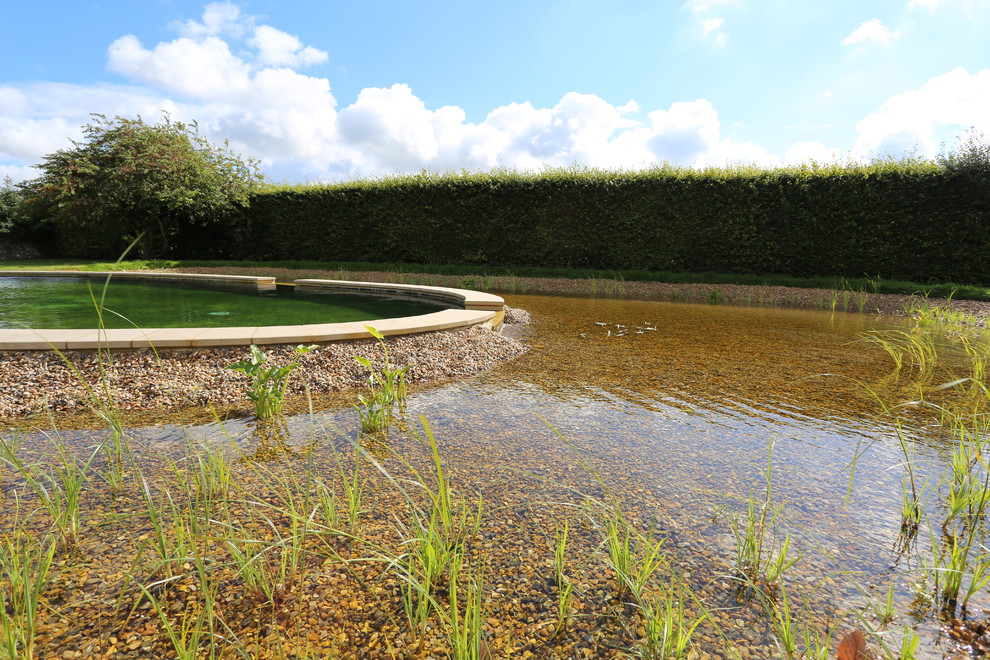 Idées déco pour une grande piscine naturelle et arrière classique sur mesure avec un point d'eau et des pavés en pierre naturelle.
