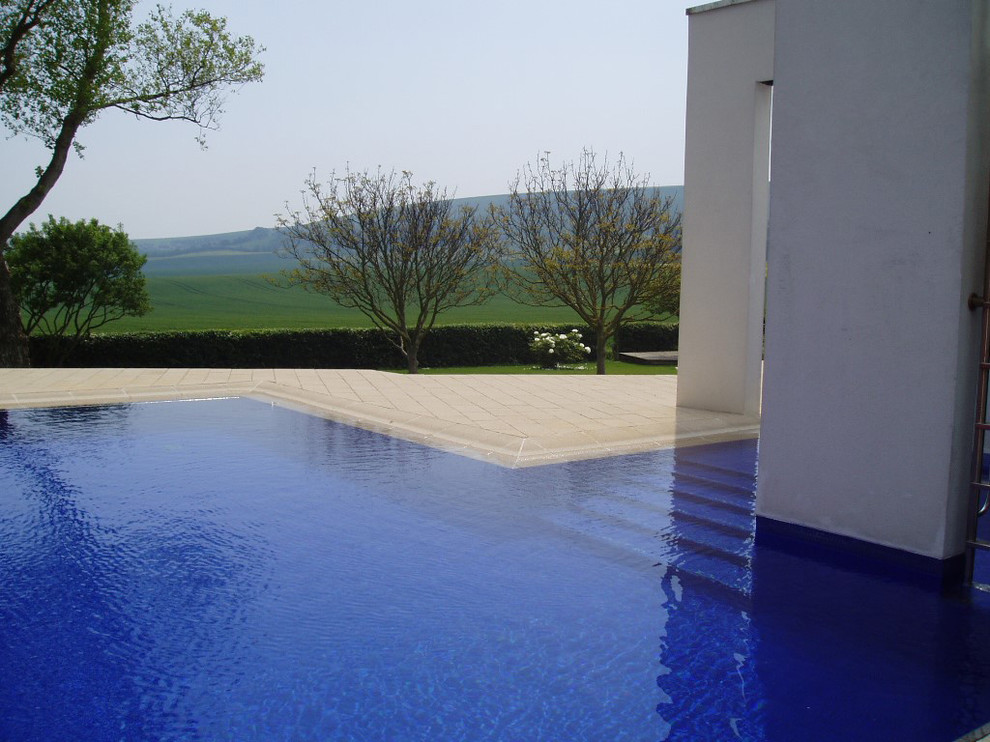 Immagine di una piscina naturale country a "L" di medie dimensioni e dietro casa con pavimentazioni in cemento