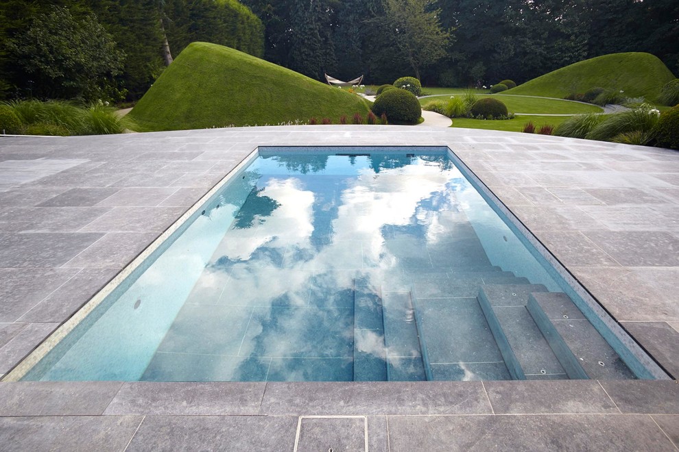 Esempio di una piscina design rettangolare dietro casa con piastrelle