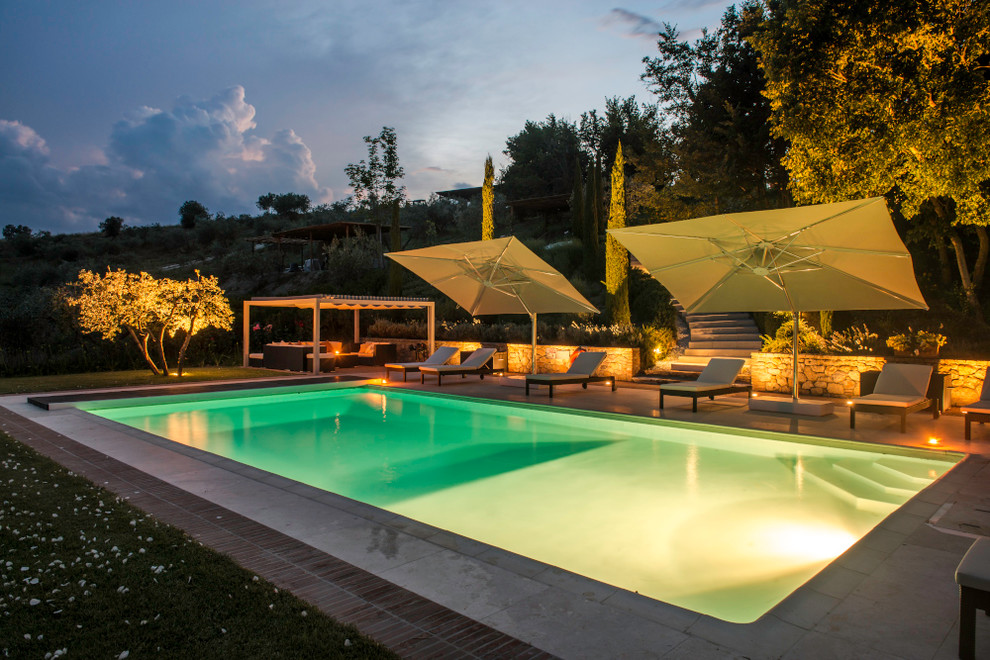 Foto di una grande piscina monocorsia minimal rettangolare dietro casa con una dépendance a bordo piscina e pavimentazioni in pietra naturale