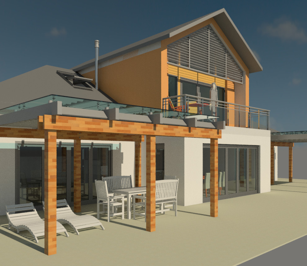 Idéer för att renovera en mellanstor funkis terrass på baksidan av huset, med utekök och en pergola
