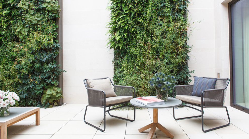 Kleine, Unbedeckte Moderne Terrasse hinter dem Haus mit Pflanzwand in London
