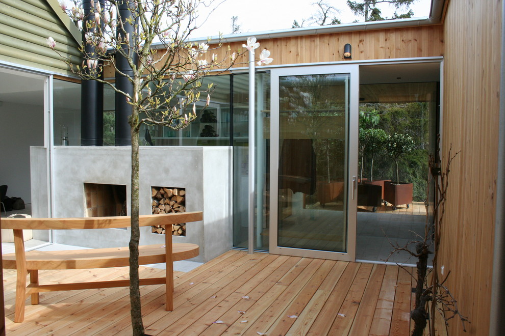Réalisation d'une terrasse arrière design de taille moyenne avec un foyer extérieur.