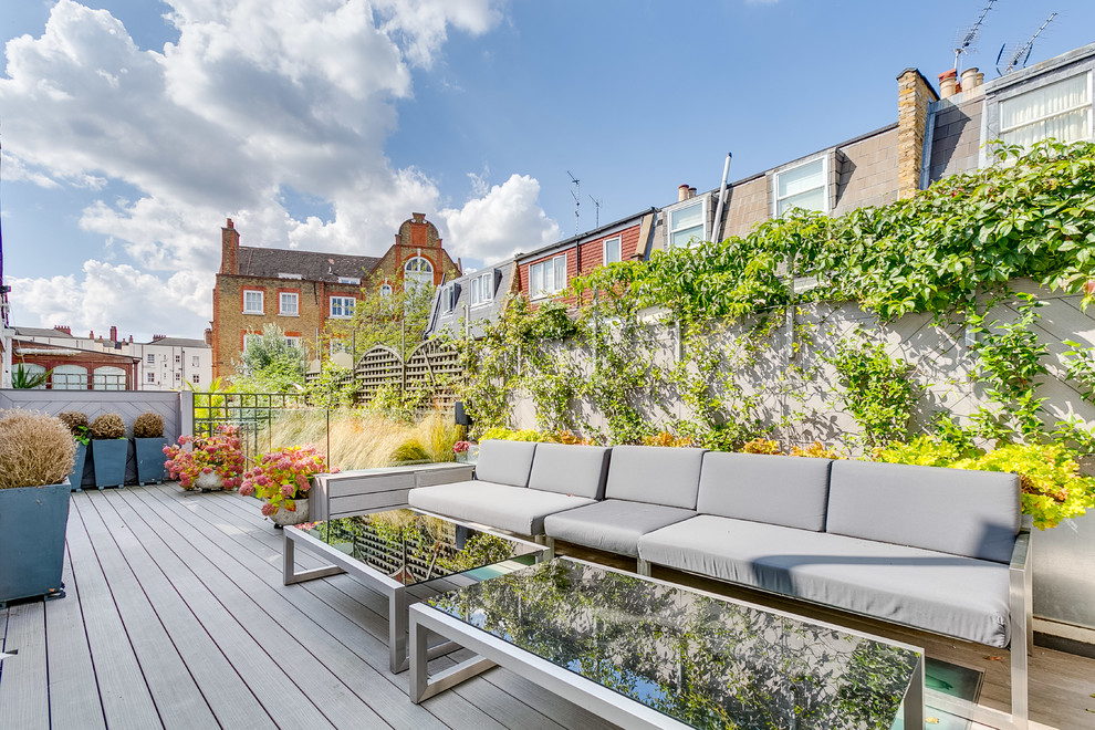 Diseño de terraza actual de tamaño medio sin cubierta en patio lateral con jardín de macetas