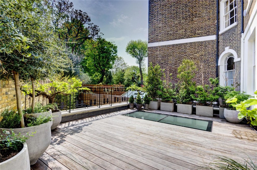 Unbedeckte Klassische Terrasse hinter dem Haus mit Kübelpflanzen in London