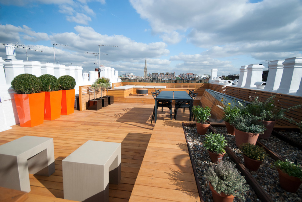 Design ideas for an expansive contemporary roof terrace in London with a potted garden and no cover.