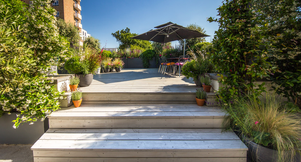 Diseño de terraza actual de tamaño medio en azotea con jardín de macetas y toldo