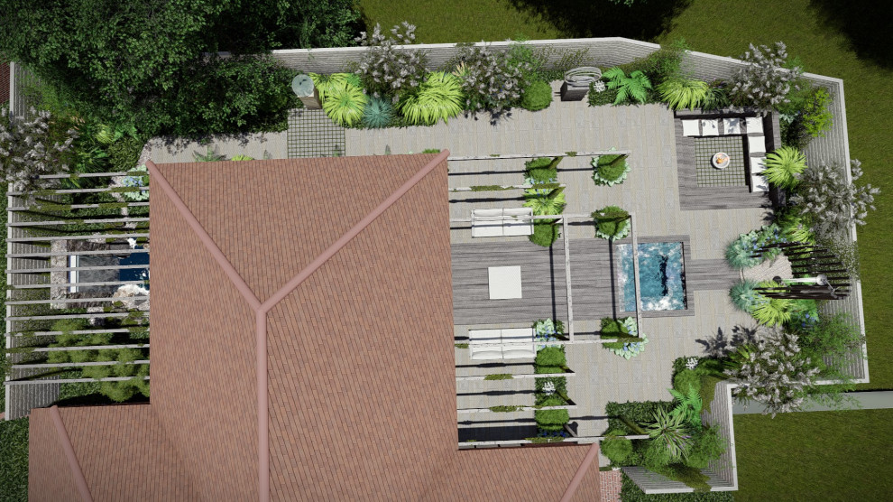 Cette photo montre une petite terrasse au rez-de-chaussée tendance avec une cour, des solutions pour vis-à-vis, une pergola et un garde-corps en bois.