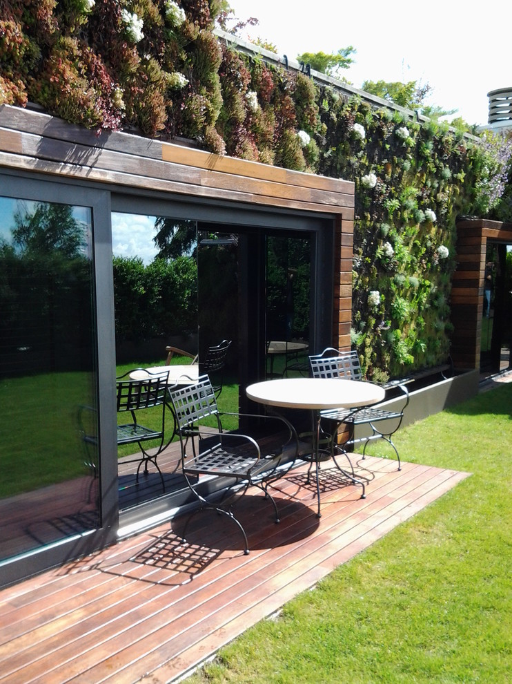 Diseño de terraza tradicional de tamaño medio sin cubierta con jardín vertical