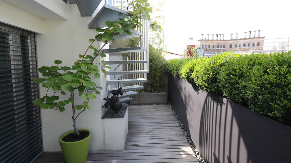 Diseño de terraza contemporánea de tamaño medio en azotea con jardín vertical y toldo