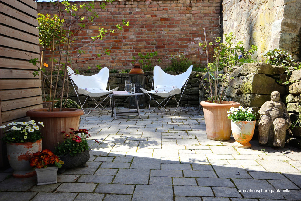 Immagine di un patio o portico eclettico di medie dimensioni e dietro casa con un giardino in vaso e nessuna copertura