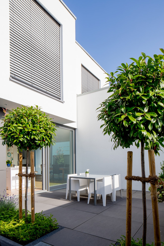 Immagine di una terrazza minimal nel cortile laterale e di medie dimensioni con nessuna copertura