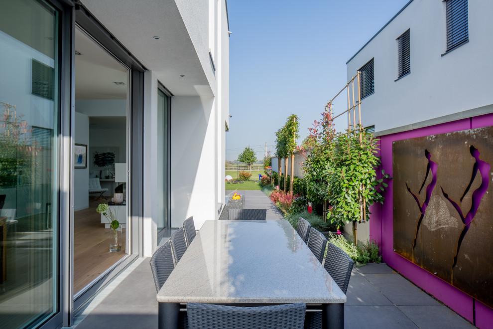 Immagine di una terrazza minimal nel cortile laterale e di medie dimensioni con un giardino in vaso e un tetto a sbalzo