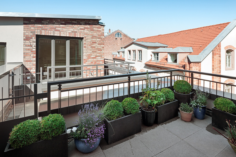 Ejemplo de terraza contemporánea de tamaño medio sin cubierta en azotea con jardín de macetas