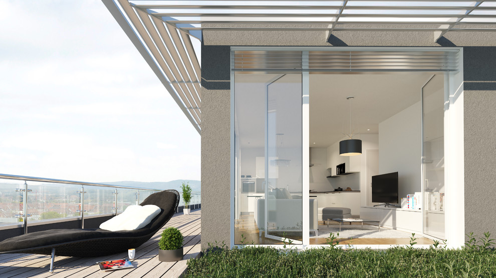 Inspiration for a medium sized contemporary roof terrace in Other with a potted garden and a roof extension.