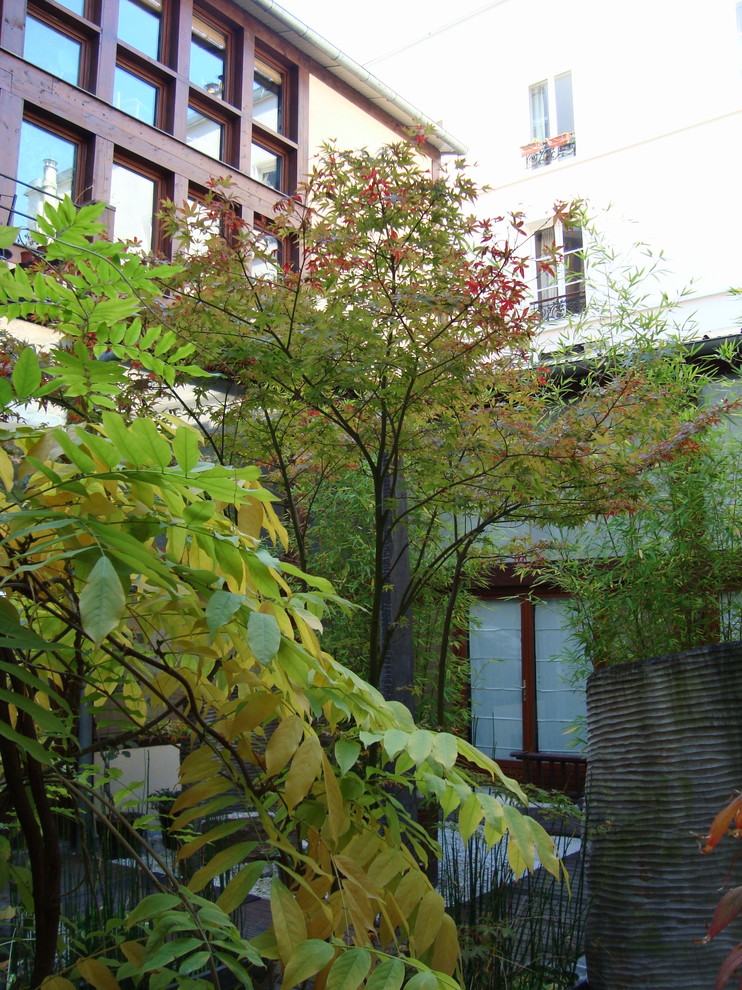 Стильный дизайн: большой двор на внутреннем дворе в восточном стиле с растениями в контейнерах, покрытием из гравия и навесом - последний тренд