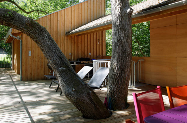 Cette image montre une terrasse arrière minimaliste avec une cuisine d'été et aucune couverture.
