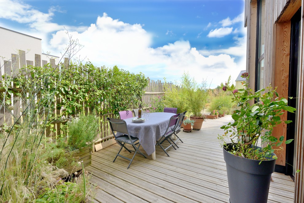 Diseño de terraza campestre grande sin cubierta en patio lateral con jardín de macetas