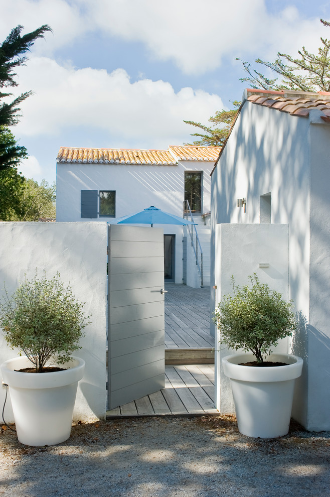 Immagine di una terrazza costiera di medie dimensioni e dietro casa con un giardino in vaso