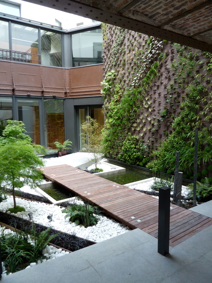 Inspiration för en mellanstor industriell terrass, med en vertikal trädgård och takförlängning
