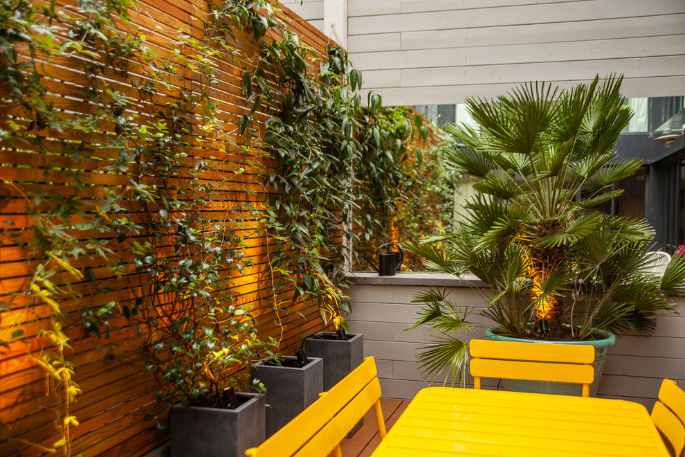 Example of a small transitional backyard patio container garden design in Paris with decking