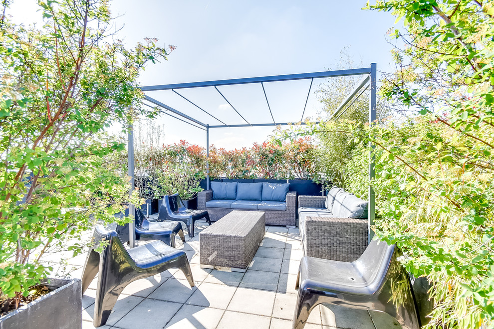 Large trendy rooftop rooftop deck container garden photo in Paris with a pergola
