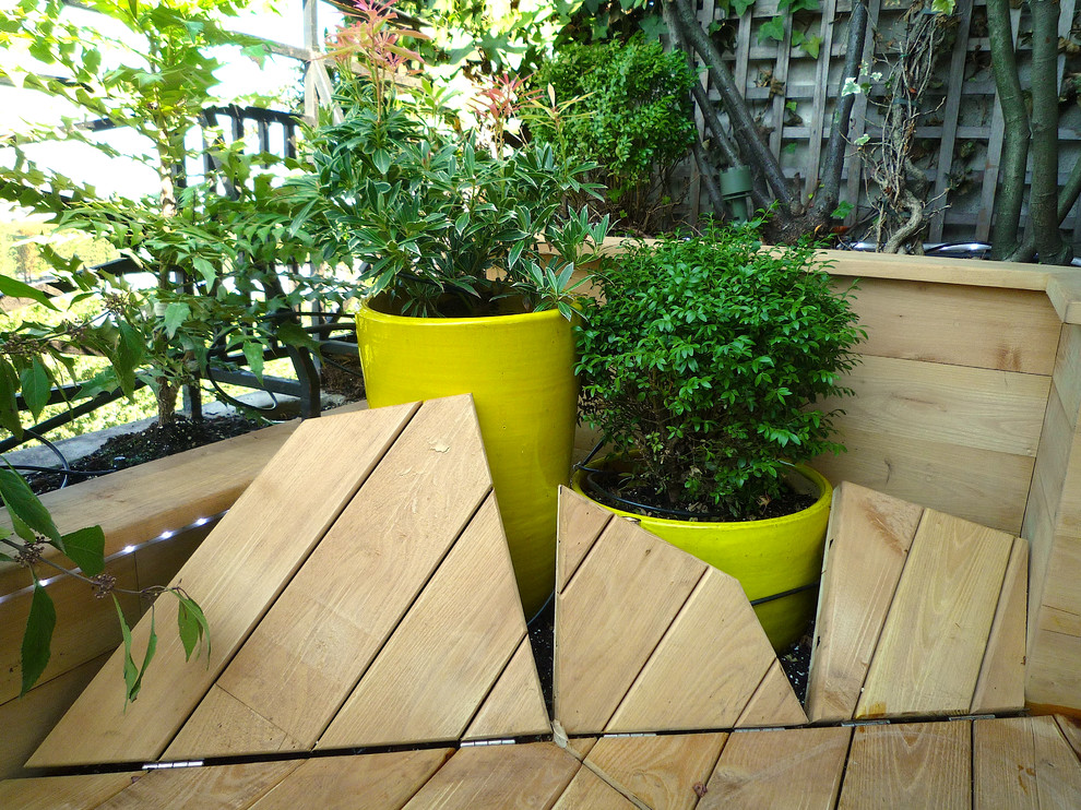Exemple d'une terrasse avec des plantes en pots tendance de taille moyenne.