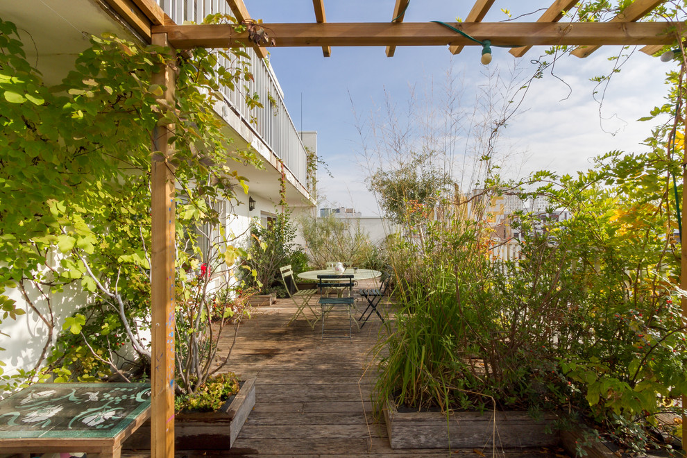 Foto de terraza actual de tamaño medio sin cubierta en azotea con jardín de macetas