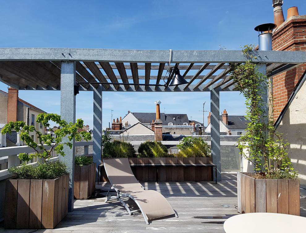 Imagen de terraza urbana en azotea con jardín de macetas y pérgola