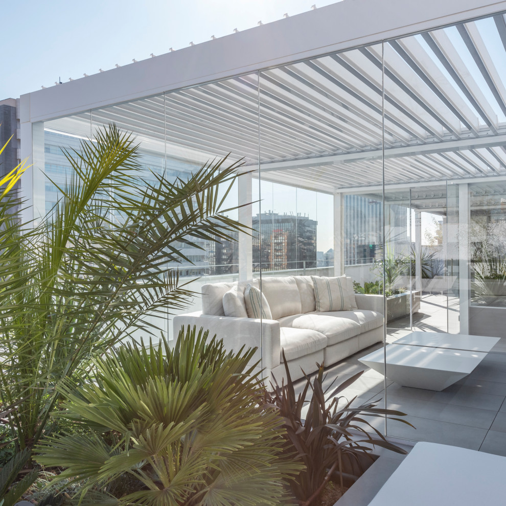 Esempio di una terrazza minimal di medie dimensioni e sul tetto con un giardino in vaso e una pergola