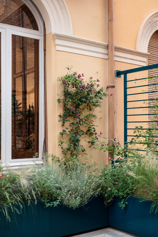 Idee per una terrazza contemporanea di medie dimensioni con un giardino in vaso e una pergola