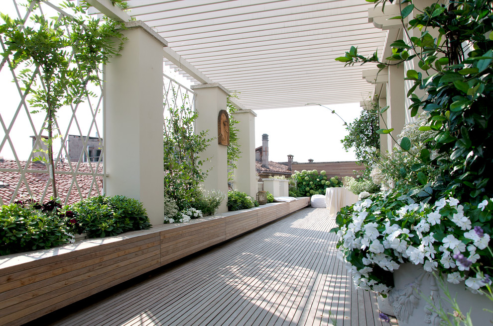 Diseño de terraza contemporánea extra grande en azotea con pérgola y jardín de macetas