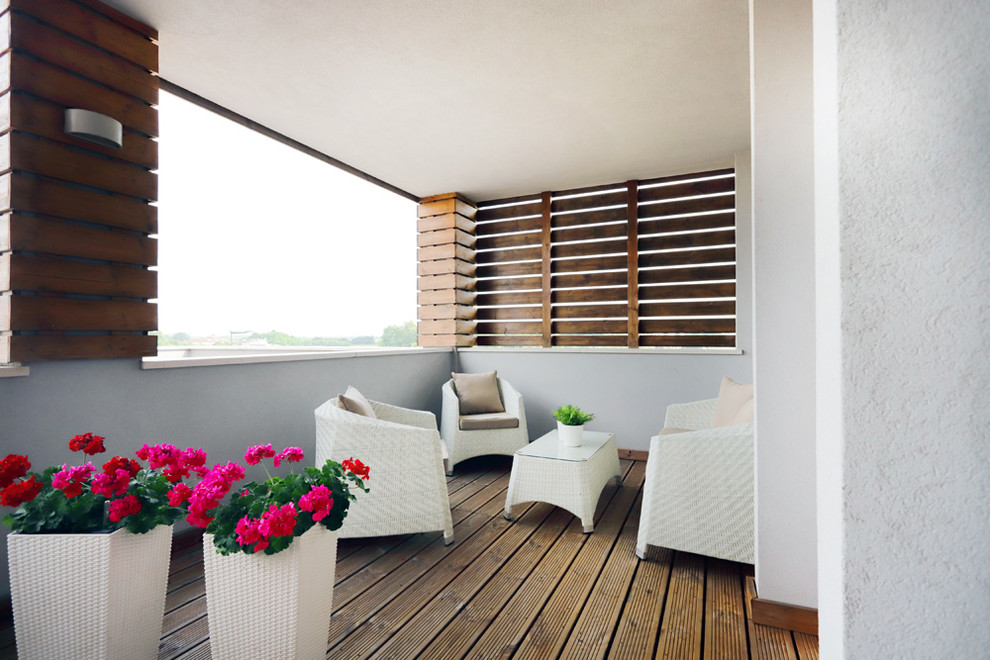 Contemporary terrace in Other with a potted garden and a roof extension.